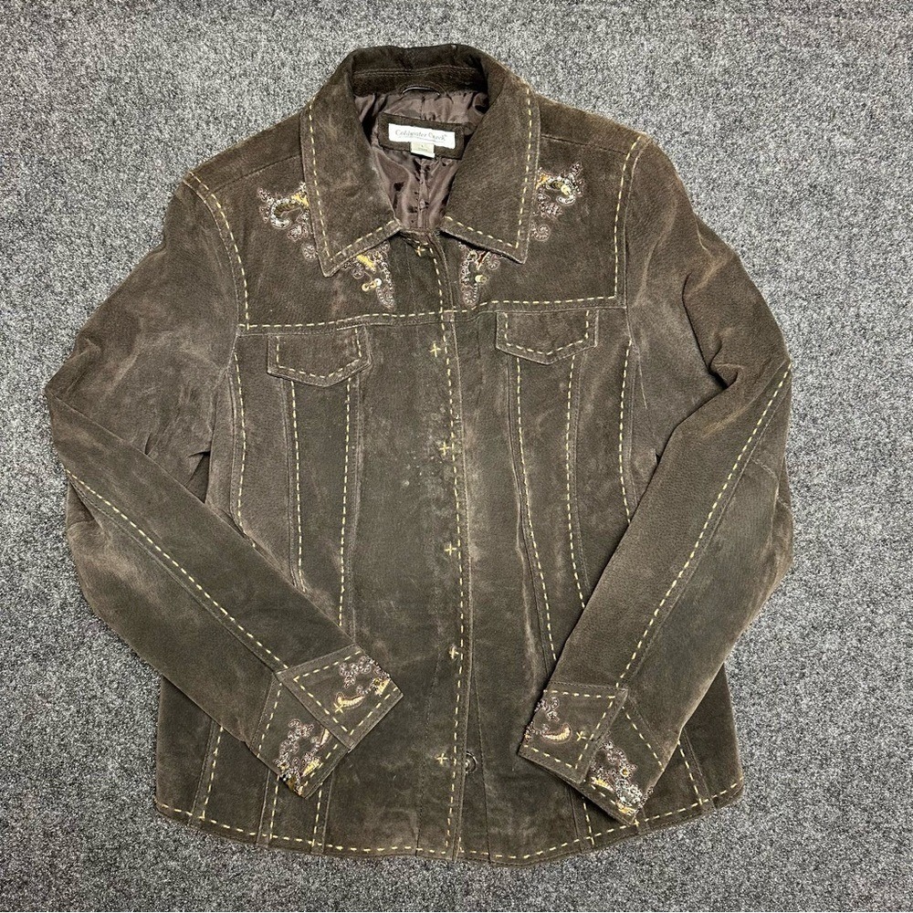 Vintage Women Leather Jacket Coldwater Creek L Brown Western Boho Embroidered